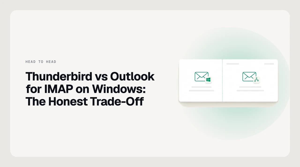 Split illustration comparing Thunderbird and Outlook for IMAP on Windows, with one mailbox connecting straight to an IMAP server and the other routed through a cloud service