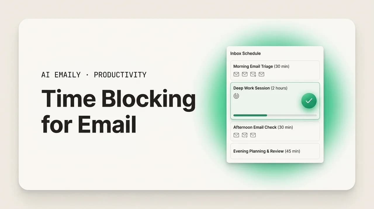 AI Emaily blog cover for time blocking for email, showing the inbox scheduled into fixed time blocks