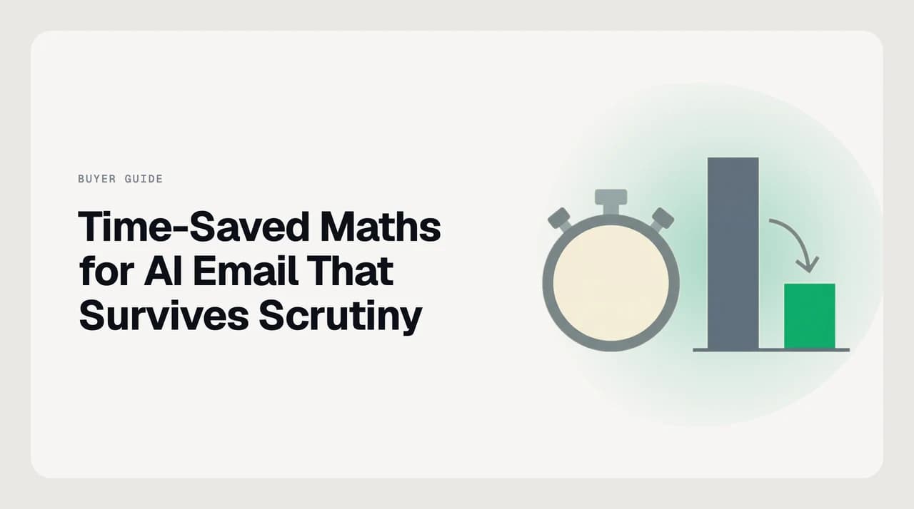 Time-saved maths for AI email — a baseline chart, an after-state chart, and an absorption discount, illustrating how to calculate time saved from AI email in a way finance will accept