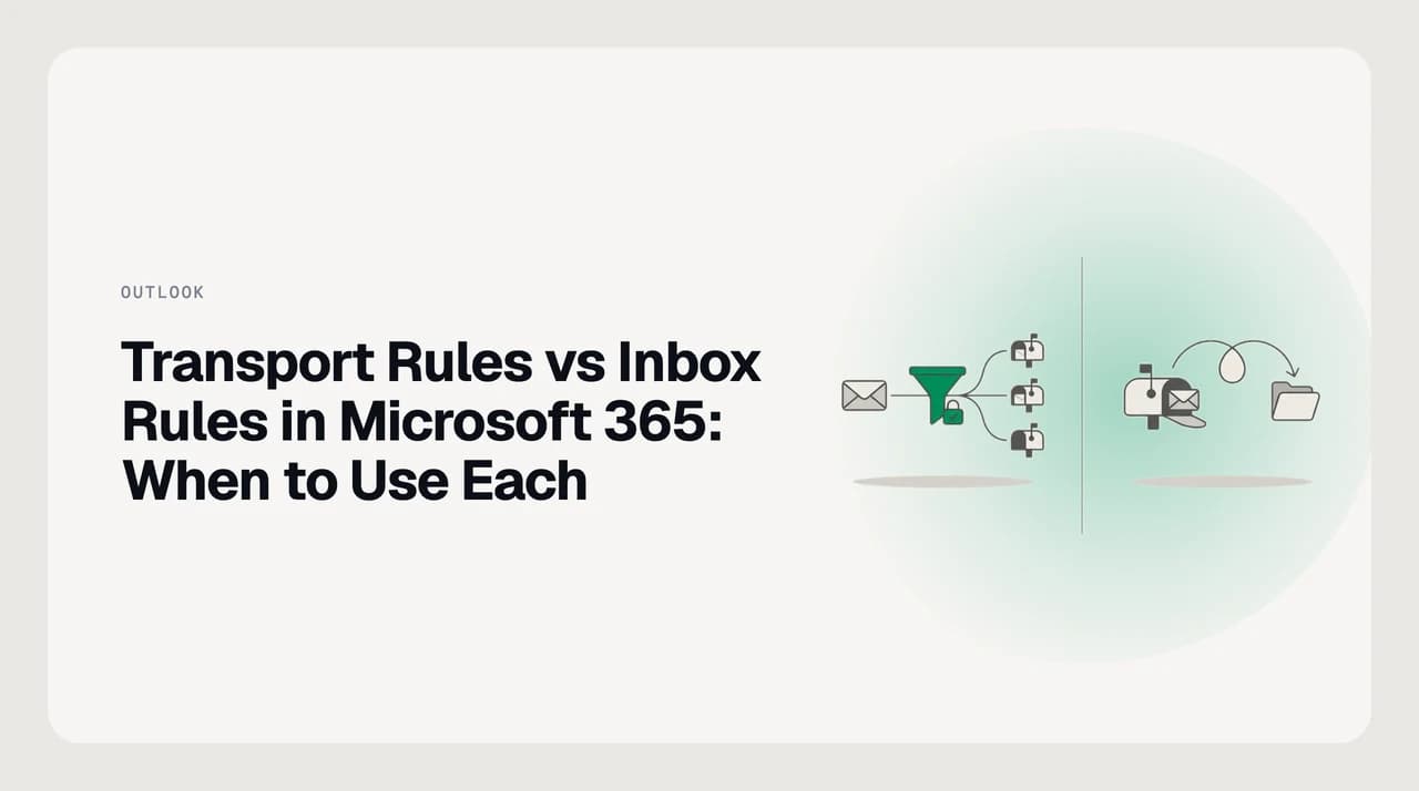 Split illustration contrasting a Microsoft 365 transport rule acting on every mailbox in transit with an Outlook inbox rule acting on a single mailbox after delivery