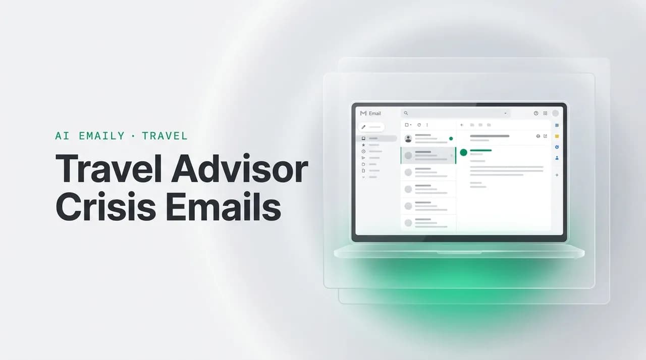 AI Emaily blog cover for travel advisor crisis communication email, showing an AI email client on a laptop with the headline Travel Advisor Crisis Emails