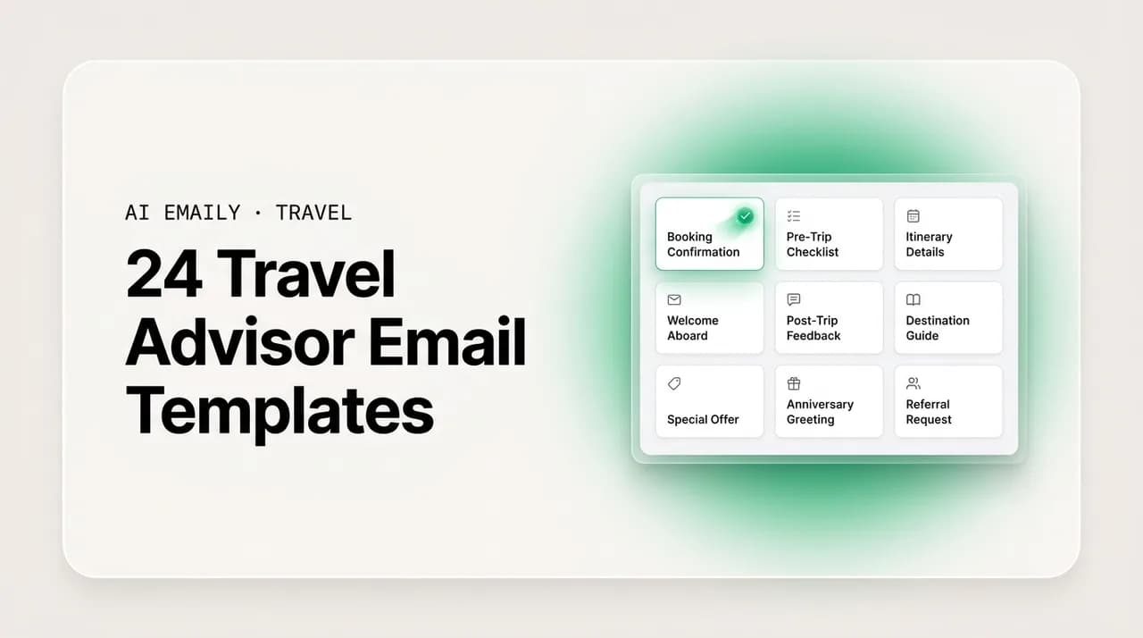 AI Emaily blog cover for travel advisor email templates, showing a library of templates for every touchpoint