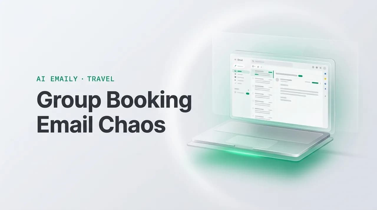 AI Emaily blog cover for travel advisor group booking email management, showing an AI email client on a laptop with the headline Group Booking Email Chaos