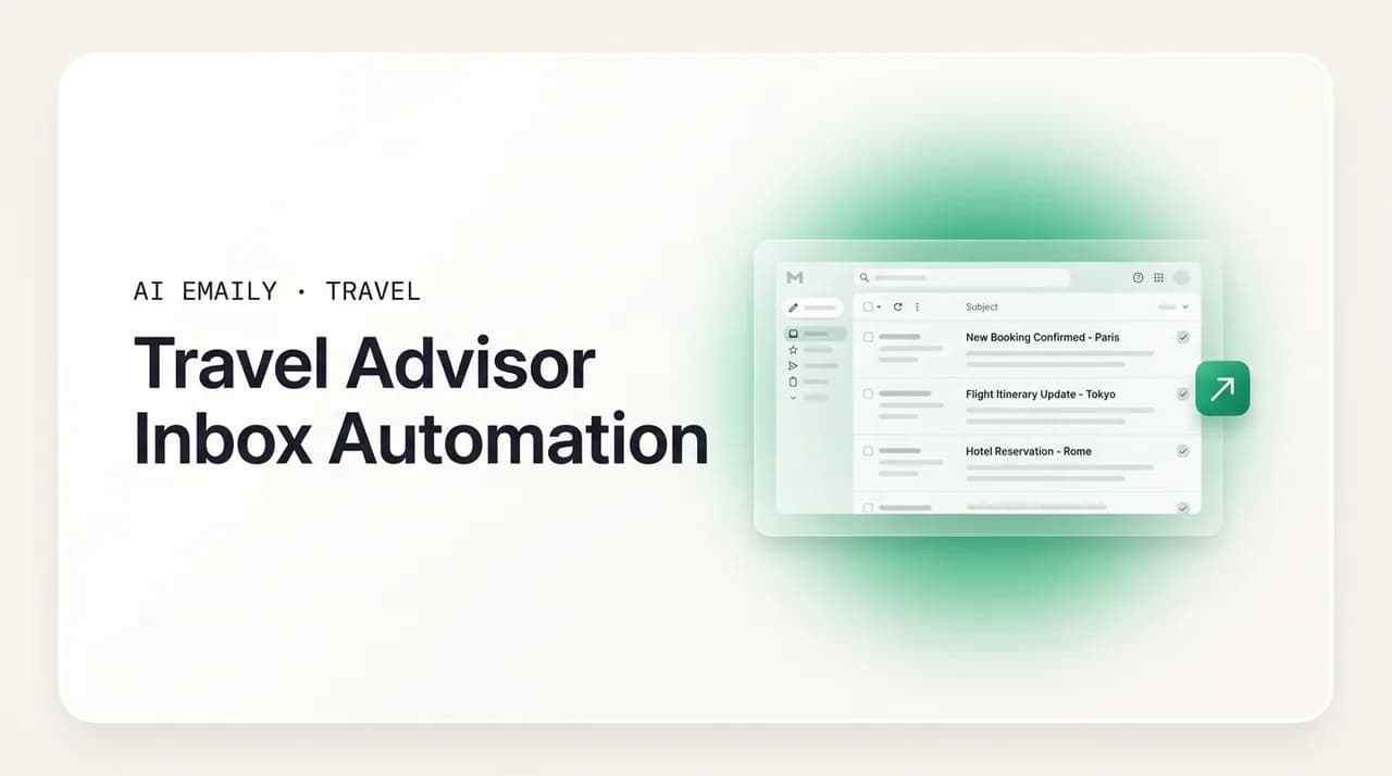 AI Emaily blog cover for travel advisor inbox automation, showing an inbox capturing every booking