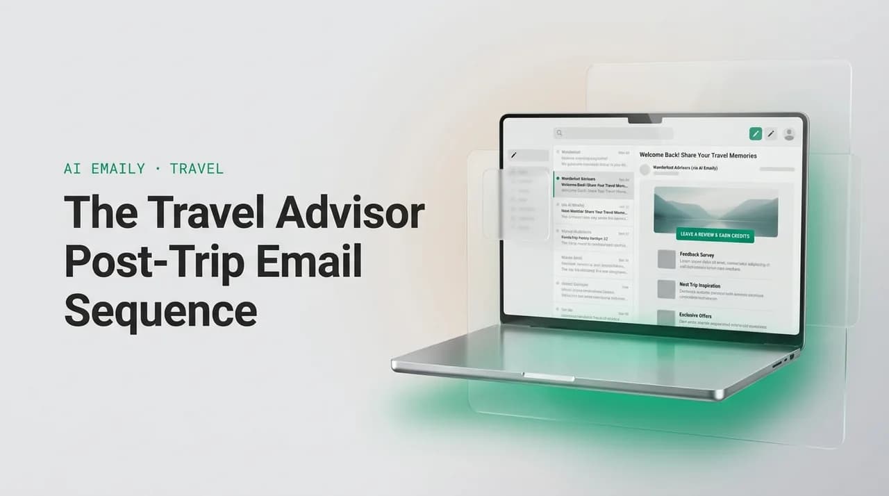AI Emaily blog cover for travel advisor welcome home email, showing an AI email client on a laptop with the headline The Travel Advisor Post-Trip Email Sequence