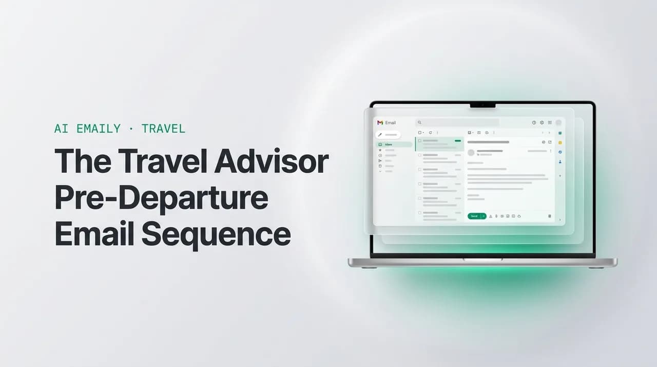 AI Emaily blog cover for travel advisor pre-departure email, showing an AI email client on a laptop with the headline The Travel Advisor Pre-Departure Email Sequence