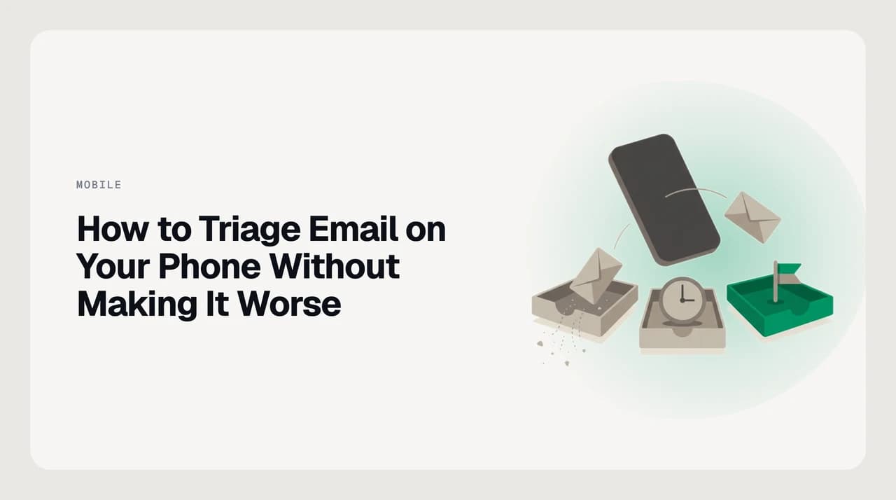Professional triaging email on a smartphone using swipe actions to archive, snooze, and flag messages — mobile email triage system for busy professionals
