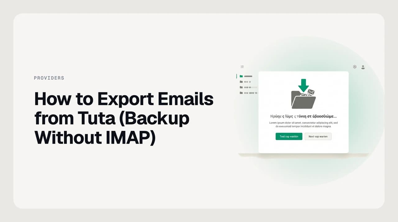 Diagram showing how to export emails from Tuta: encrypted mailbox decrypted inside the desktop client, then written out as EML files in a local folder