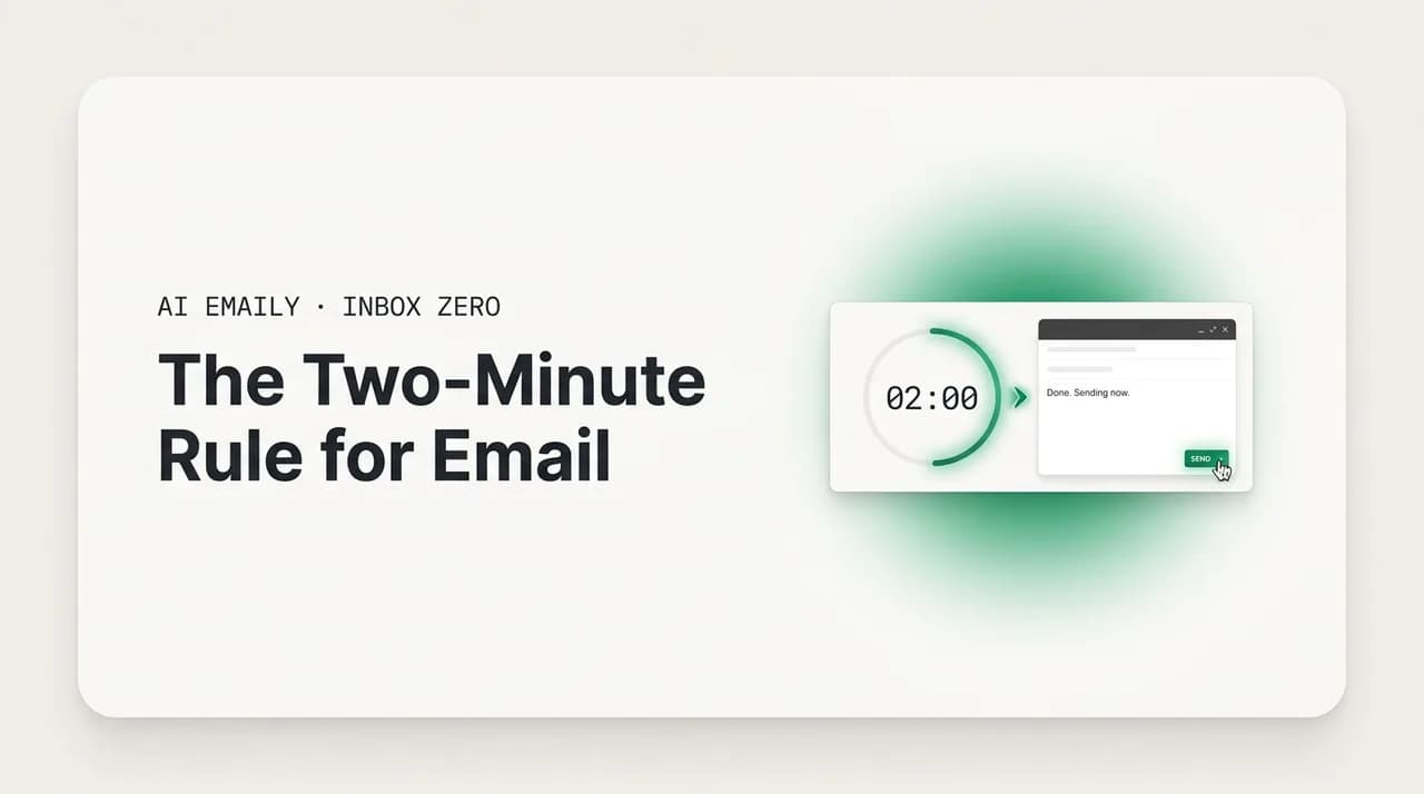 AI Emaily blog cover for the two-minute rule for email, showing a two-minute timer and a quick reply