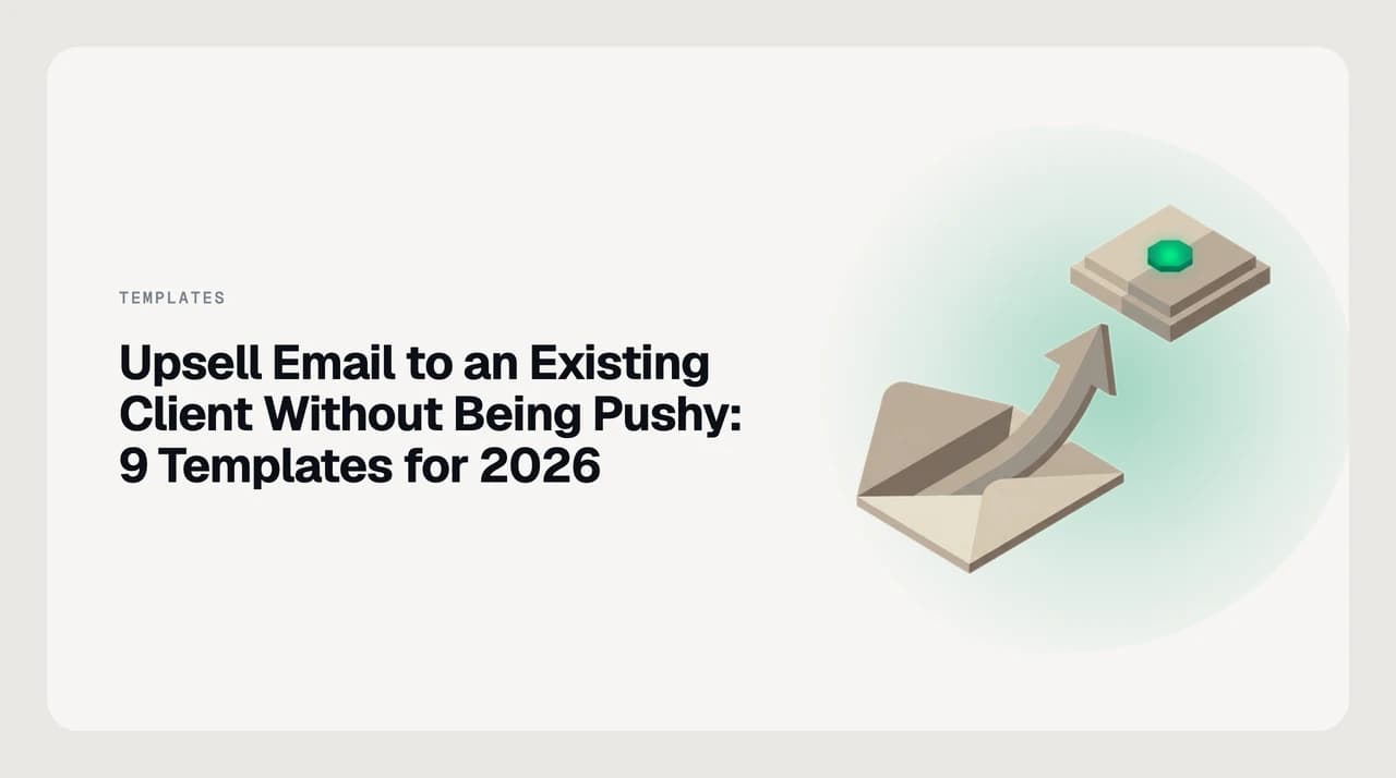 AI Emaily blog cover for upsell email to an existing client — nine evidence-triggered expansion email templates shown in an AI-native email interface