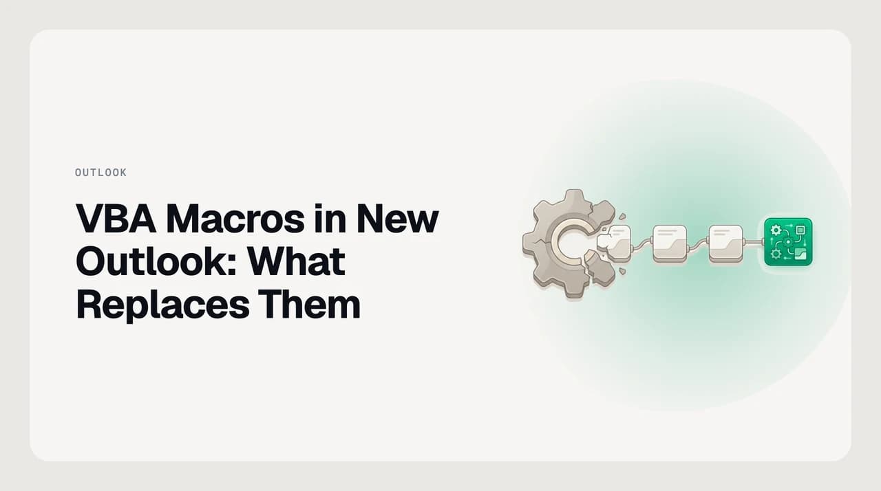 Illustration for VBA macros in new Outlook: a classic Outlook macro module splitting into four replacement paths — inbox rules, Quick Steps, Power Automate and a web add-in