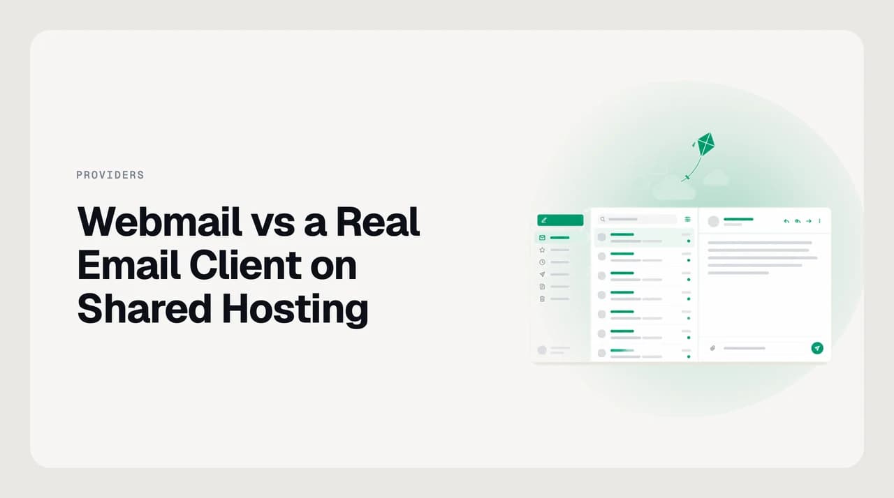 Split illustration comparing hosting webmail in a browser tab against a desktop email client connected over IMAP on shared hosting