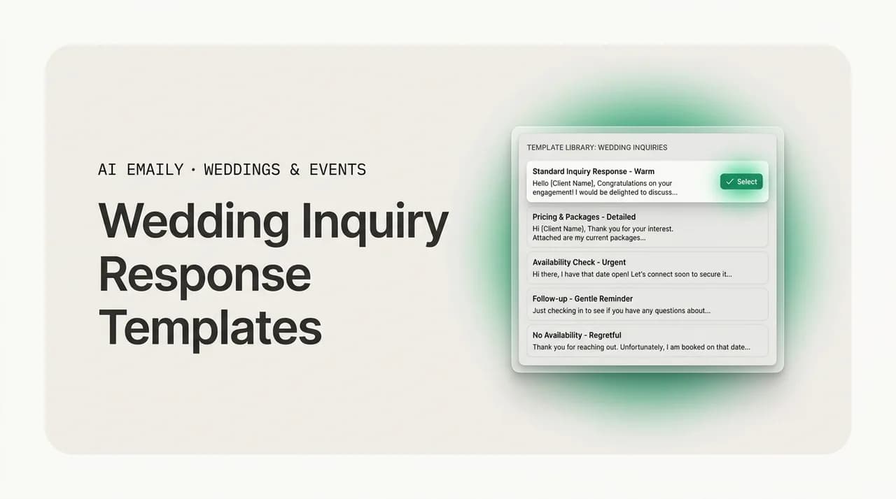 AI Emaily blog cover for wedding photography inquiry response templates, showing a library of response templates