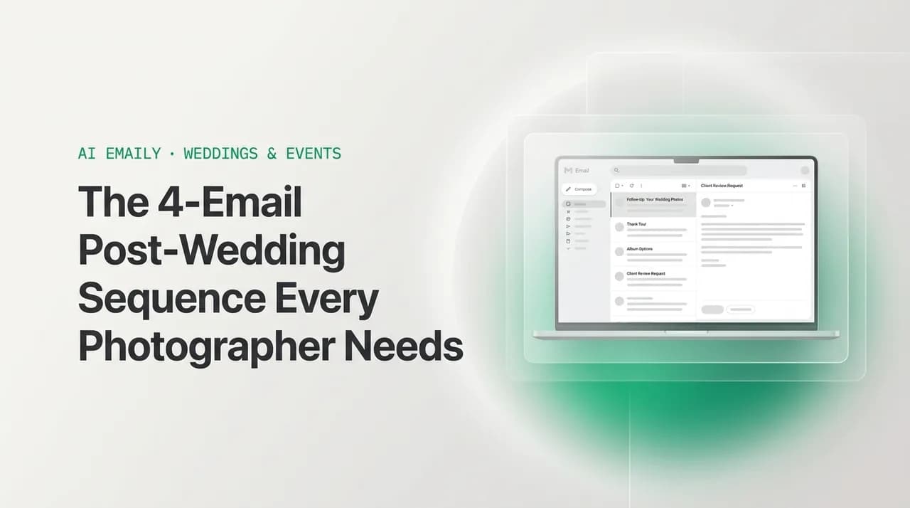 AI Emaily blog cover for wedding photographer gallery delivery email template, showing an AI email client on a laptop with the headline The 4-Email Post-Wedding Sequence Every Photographer Needs