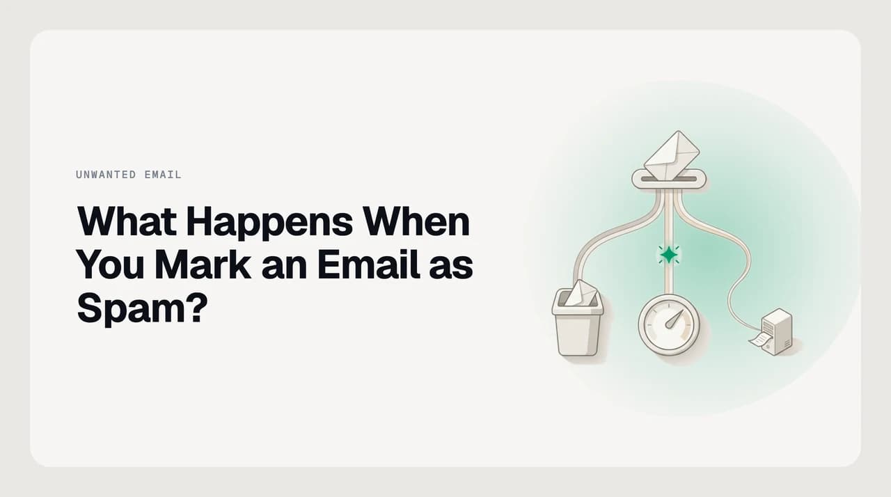 Diagram showing what happens when you mark an email as spam — the message moves to a spam folder, a filter signal is recorded, and an aggregate complaint travels toward the sender's network
