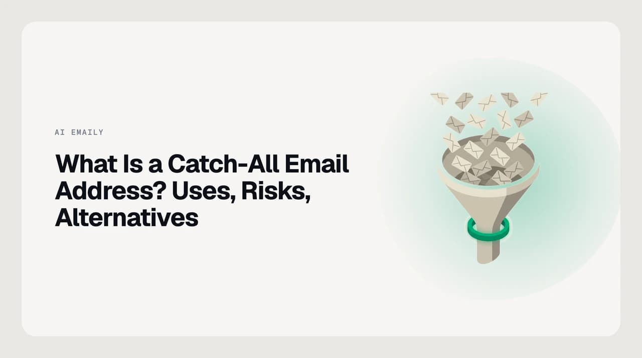 What is a catch-all email address explained: mail to any local part on a domain funnelling into one inbox, next to an explicit-alias domain rejecting the unknowns.