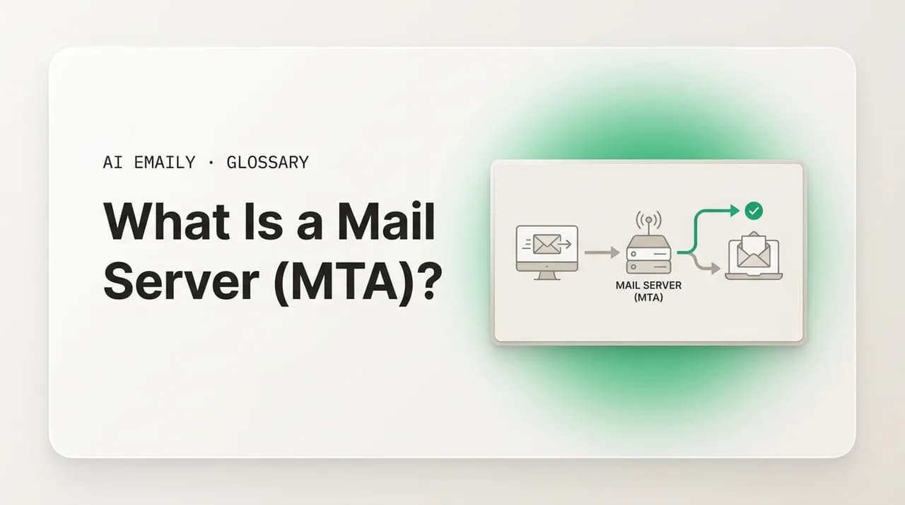 AI Emaily blog cover for what is a mail server, showing a mail server routing email between sender and recipient