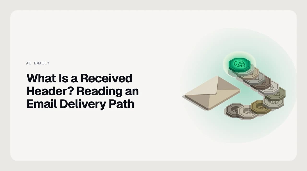 Diagram of an email delivery path with Received headers being prepended at each server hop, showing reading direction from bottom to top