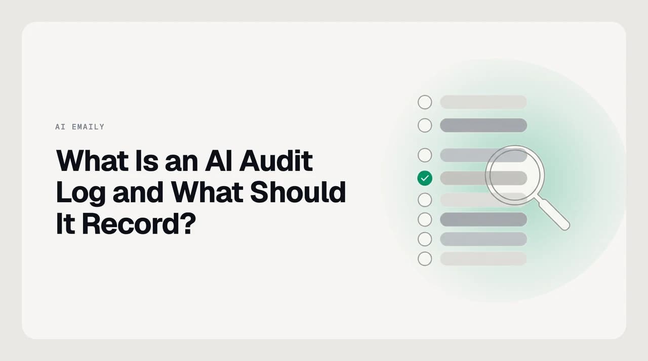 Diagram of an AI audit log entry for an email agent action, showing the eight required fields: actor, autonomy mode, action type, target, decision material, timestamp, outcome, and reversibility
