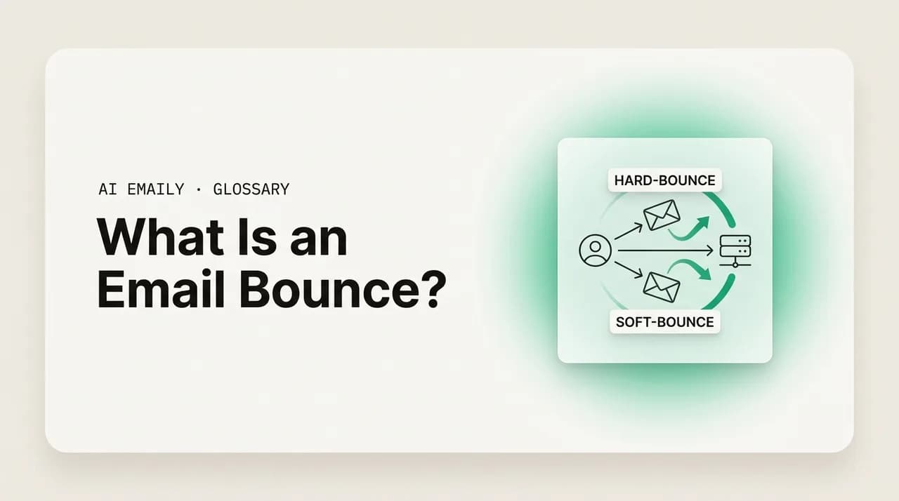 AI Emaily blog cover for what is an email bounce, showing an email bouncing back with hard and soft bounce labels