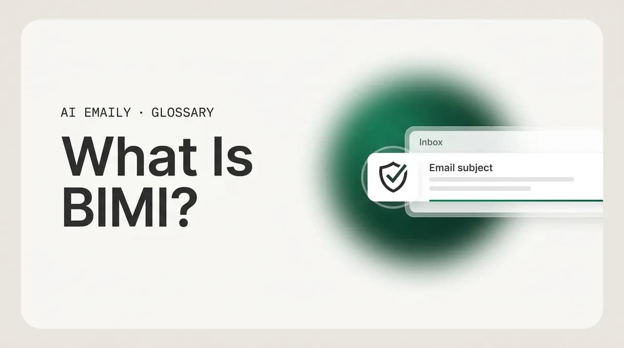 AI Emaily blog cover for what is BIMI, showing a verified brand logo beside an email in the inbox