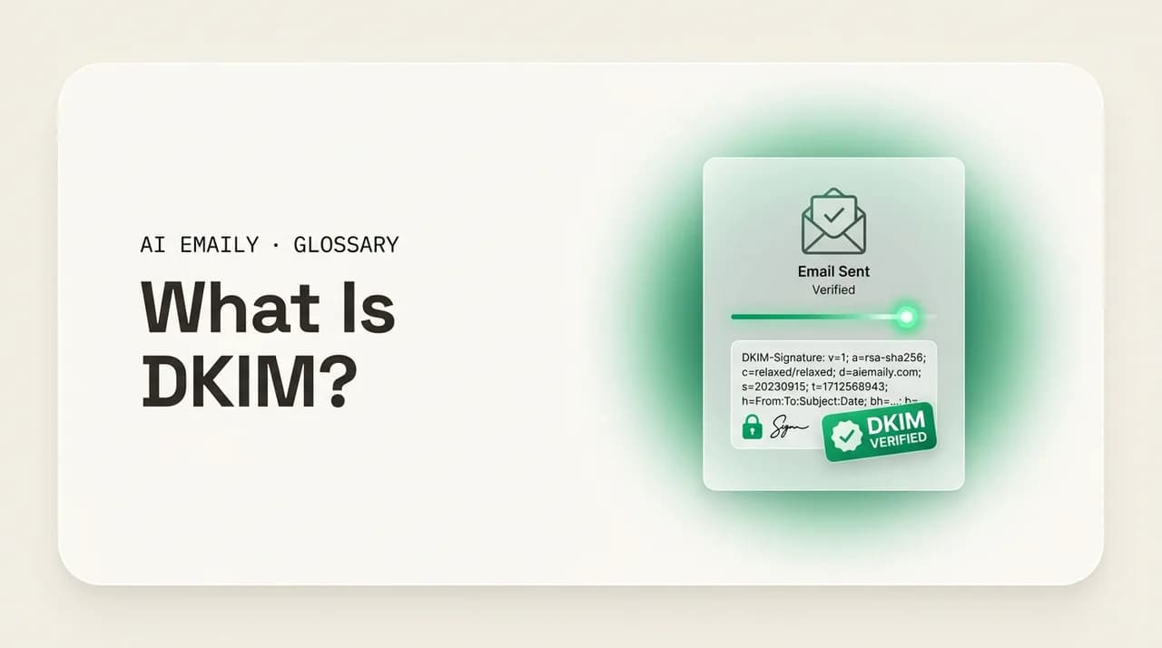 AI Emaily blog cover for what is DKIM, showing a DKIM signature verifying an authentic email