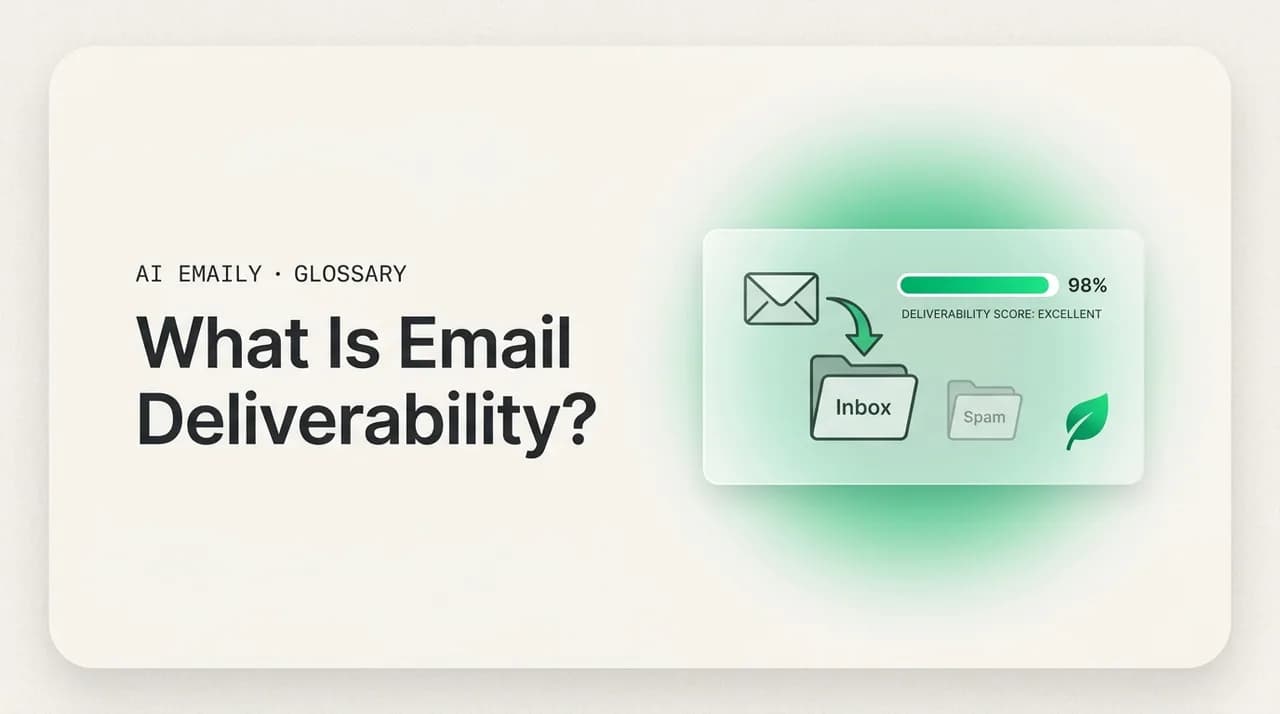 AI Emaily blog cover for what is email deliverability, showing an email reaching the inbox with a deliverability meter