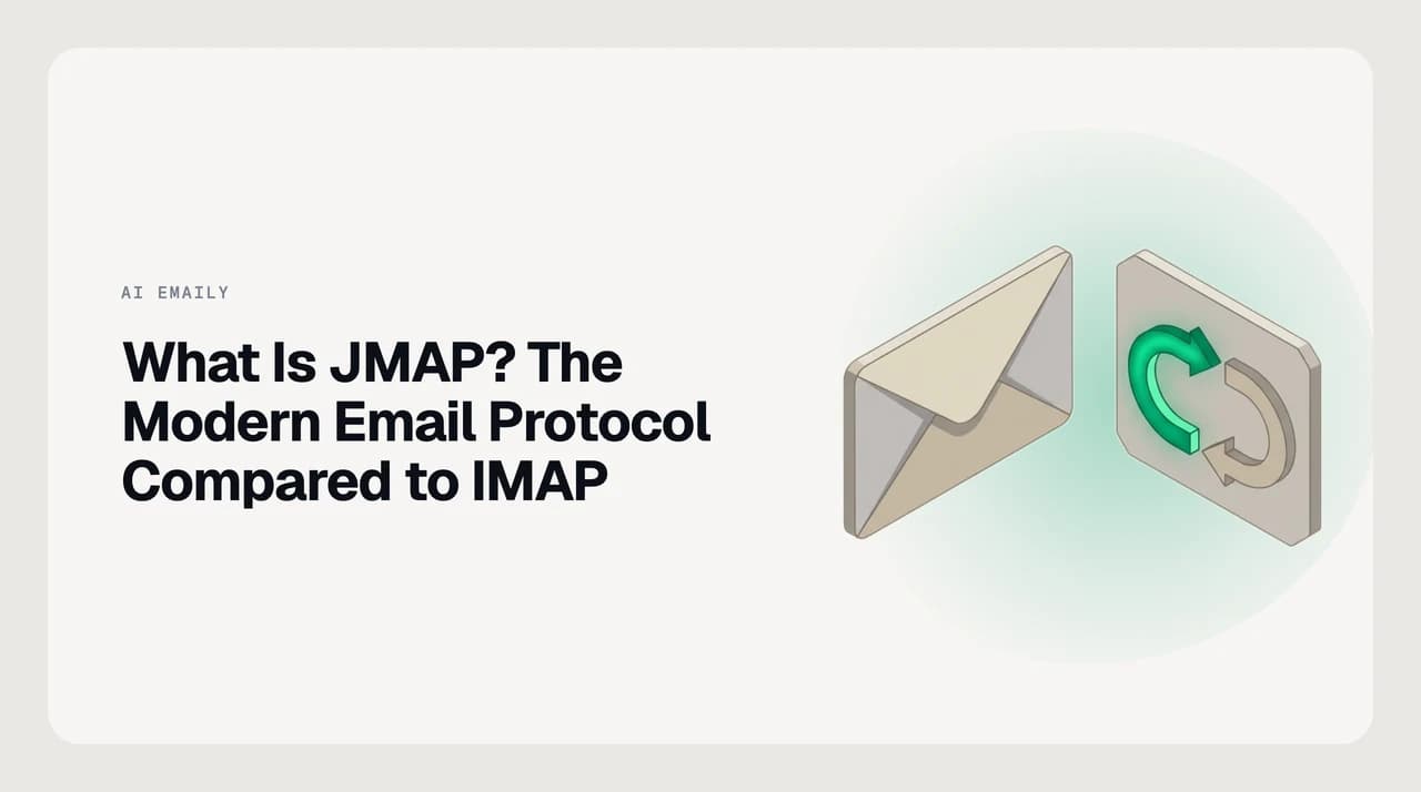 Diagram of the JMAP email protocol sending batched JSON over HTTPS, next to IMAP's persistent text-command connection.
