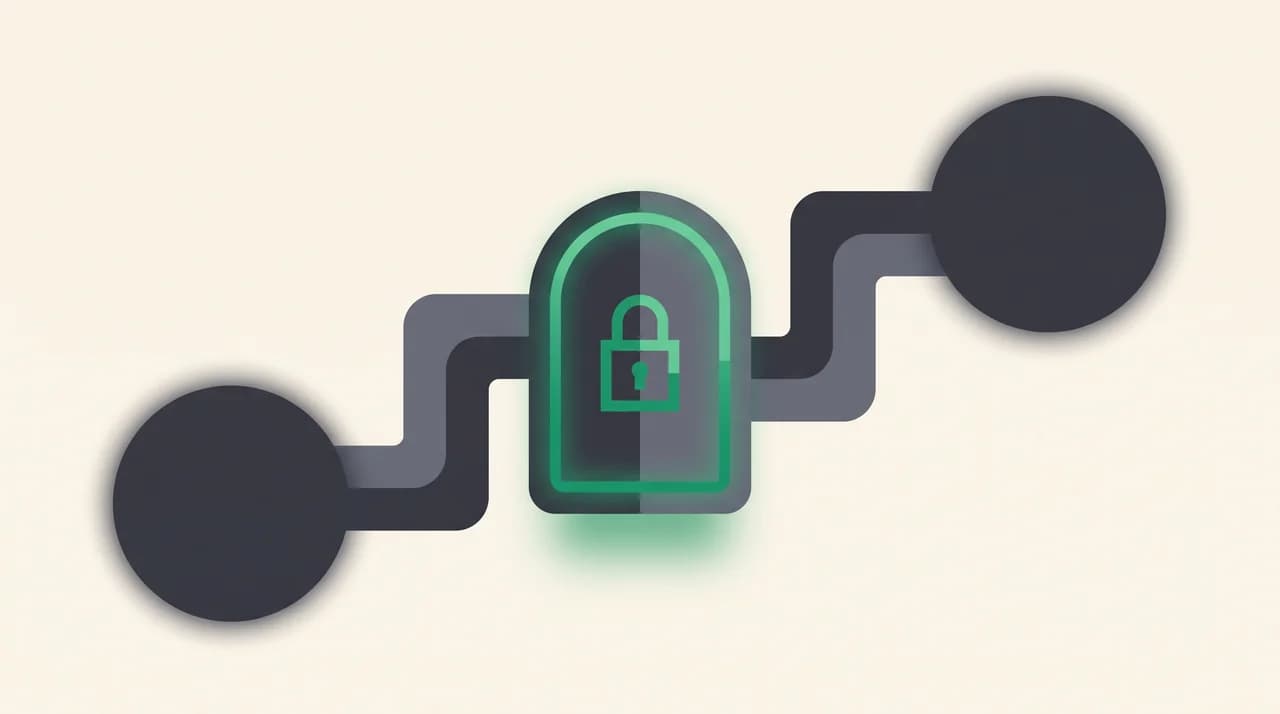Two rounded nodes — an AI assistant and an email MCP server — joined by a channel that passes through a small gate in the middle, showing every requested action stopping at an approval point before it reaches the mailbox