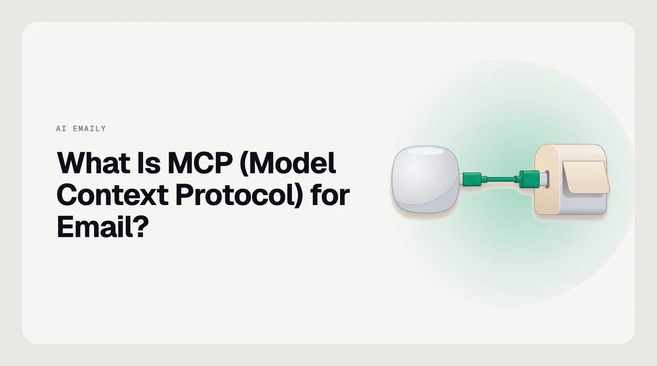 Diagram explaining what MCP (Model Context Protocol) is for email — an AI assistant calling mailbox tools exposed by an email MCP server
