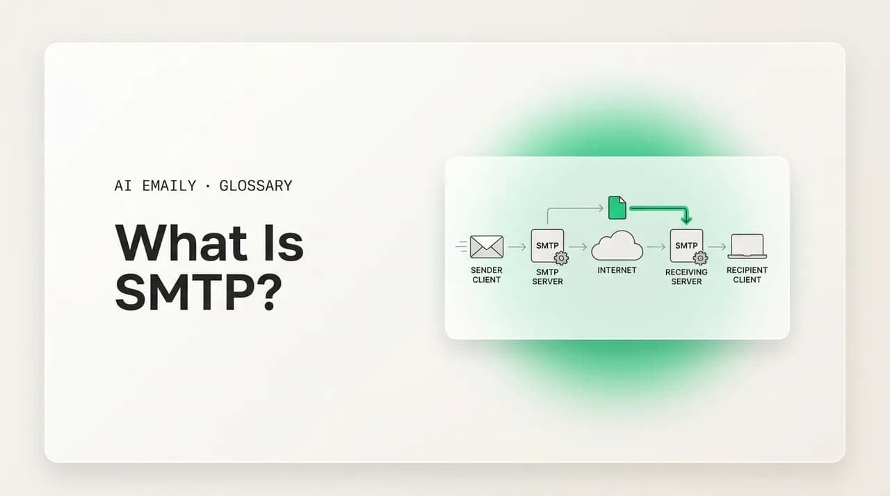 AI Emaily blog cover for what is SMTP, showing the SMTP protocol sending an email between servers