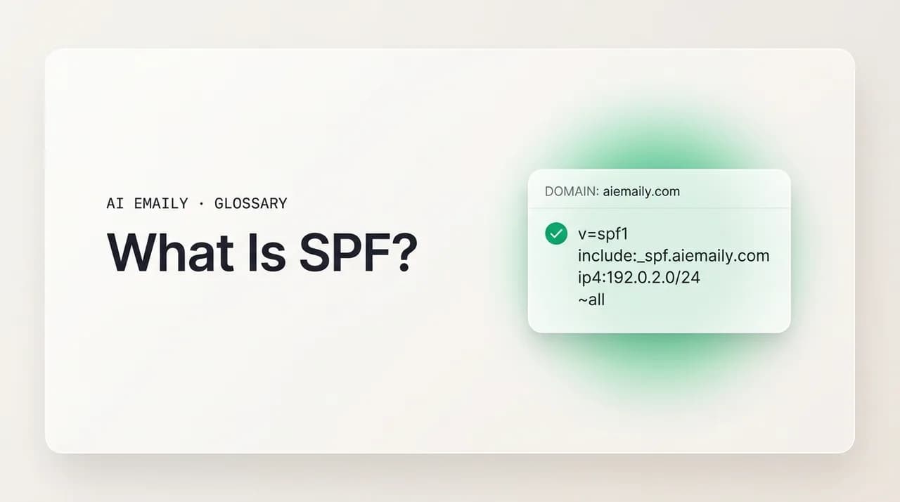 AI Emaily blog cover for what is SPF, showing an SPF record listing authorized senders for a domain