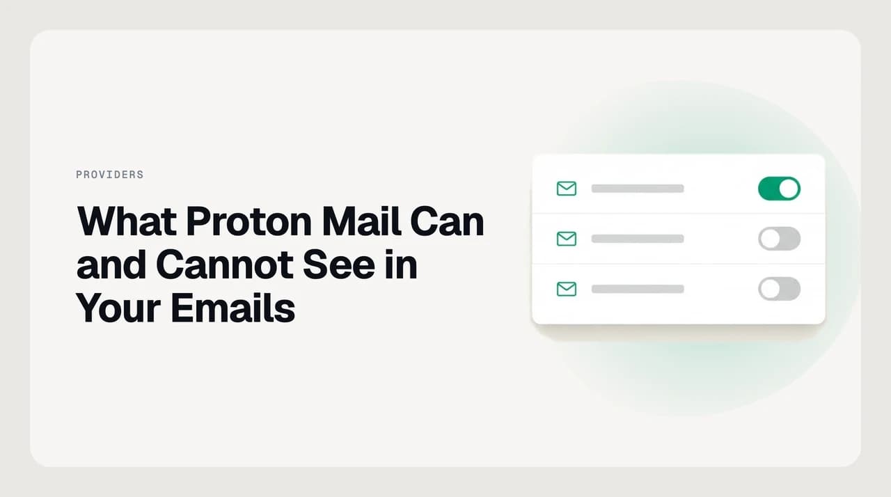 Diagram illustrating what Proton Mail can and cannot see: an encrypted message body next to a visible subject line and address metadata
