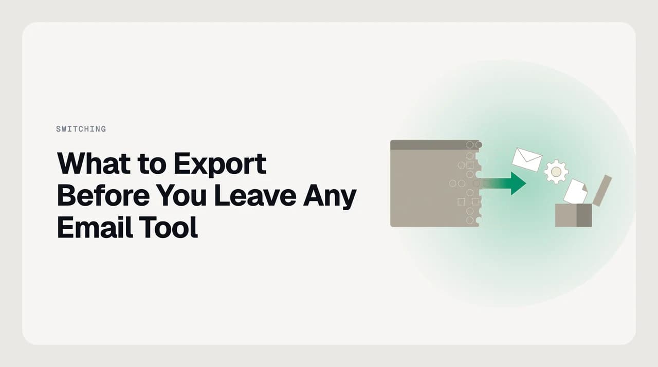 Checklist illustration for what to export before leaving an email client — drafts, rules, snippets, and scheduled sends leaving an app before it shuts down