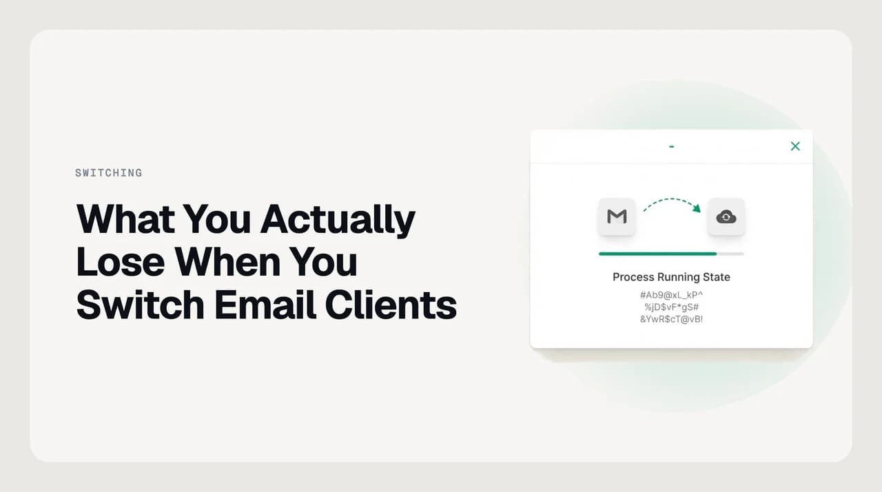 Filters, keyboard shortcuts, search, and signature icons scattered around an inbox, representing what doesn't transfer when you switch email clients