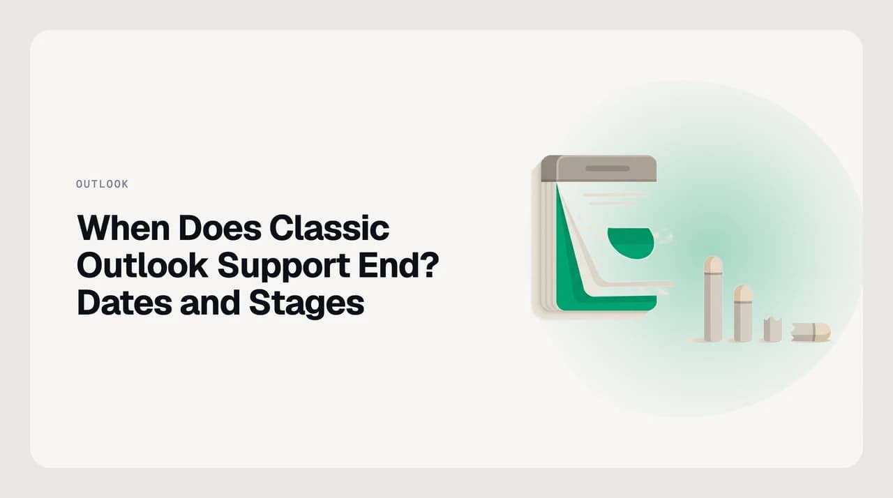 Illustration of when classic Outlook support ends: a three-stage timeline labelled opt in, opt out and cutover, with the cutover marker left blank because no date has been announced
