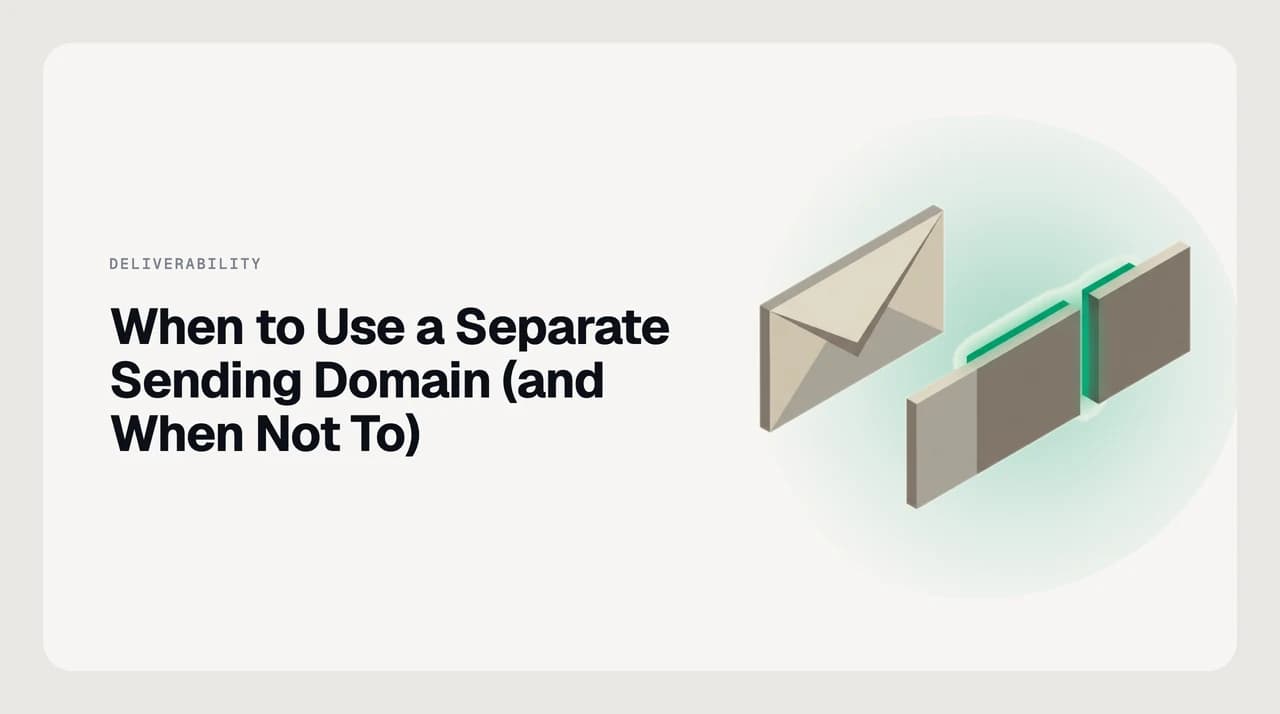 Diagram of when to use a separate sending domain for email, showing risky cold outreach isolated on its own domain while newsletters and transactional mail stay on the main brand domain