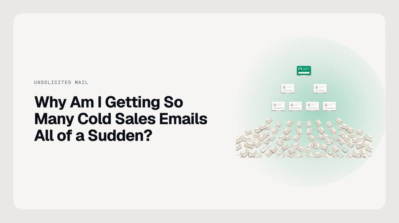 Illustration of a professional inbox flooded with cold sales email pitches, representing how work email addresses end up in B2B contact databases