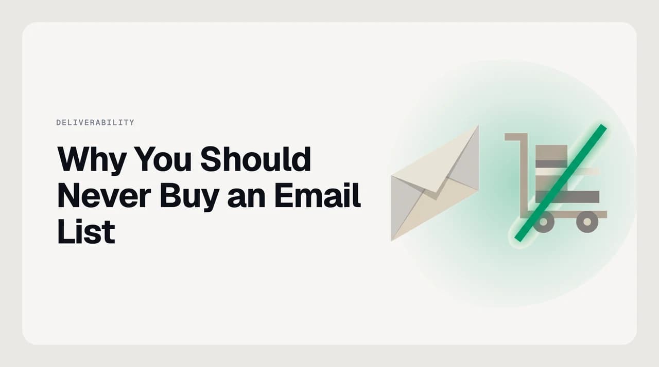 AI Emaily blog cover for why you should never buy an email list, showing a purchased contact list feeding spam traps, complaints and a blocklisted sending domain
