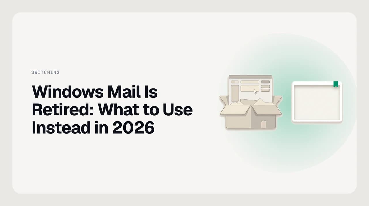 Cover for the guide to what to use instead now that the Windows Mail app is retired, showing a switched-off Windows mail tile beside three free replacement routes