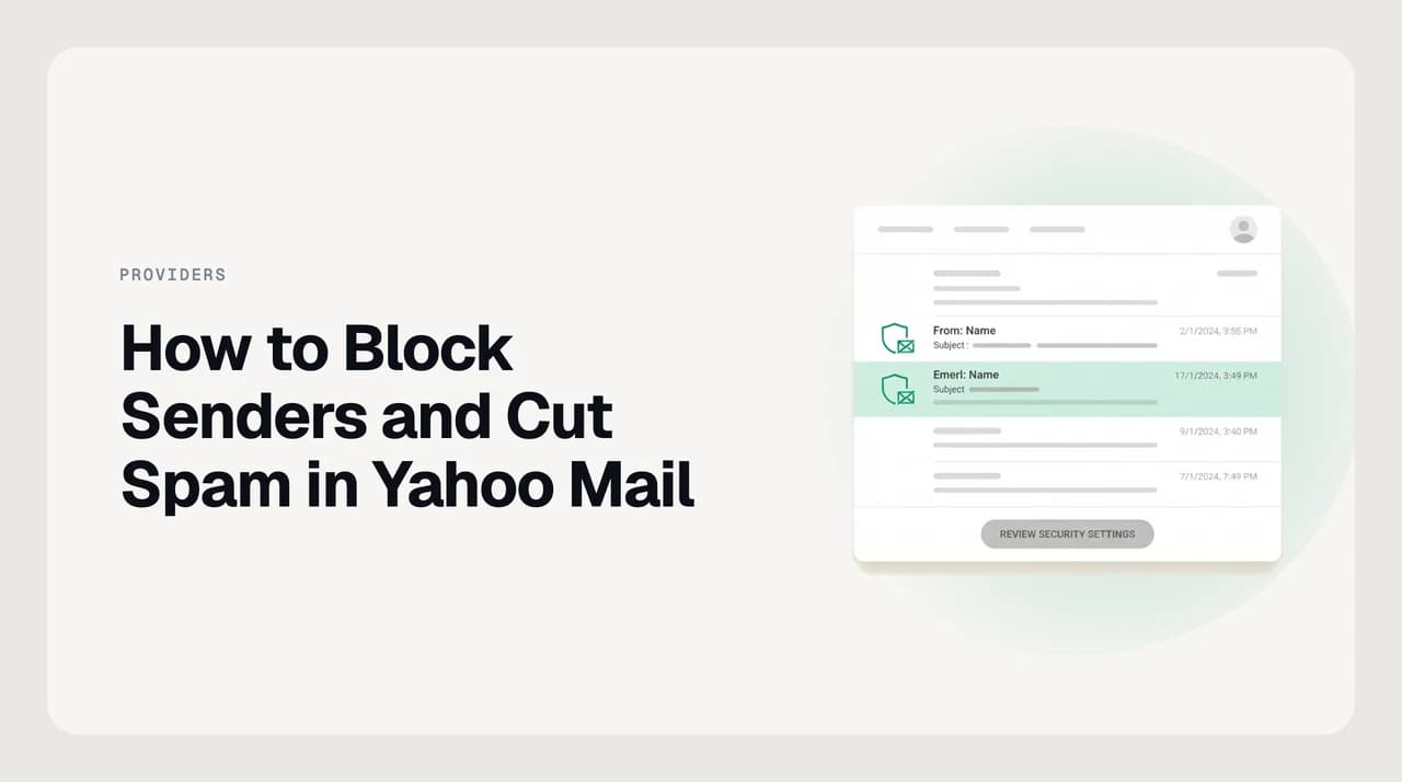 Illustration of an email inbox with one sender address being blocked while a rotating spam sender slips past a wall