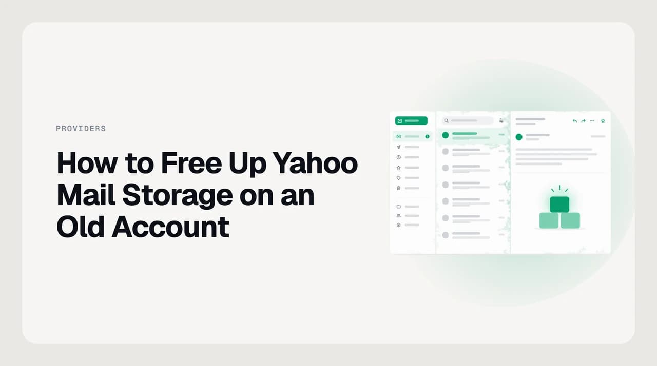 Illustration of an old email inbox being sorted into keep, delete, and archive bins to free up Yahoo Mail storage