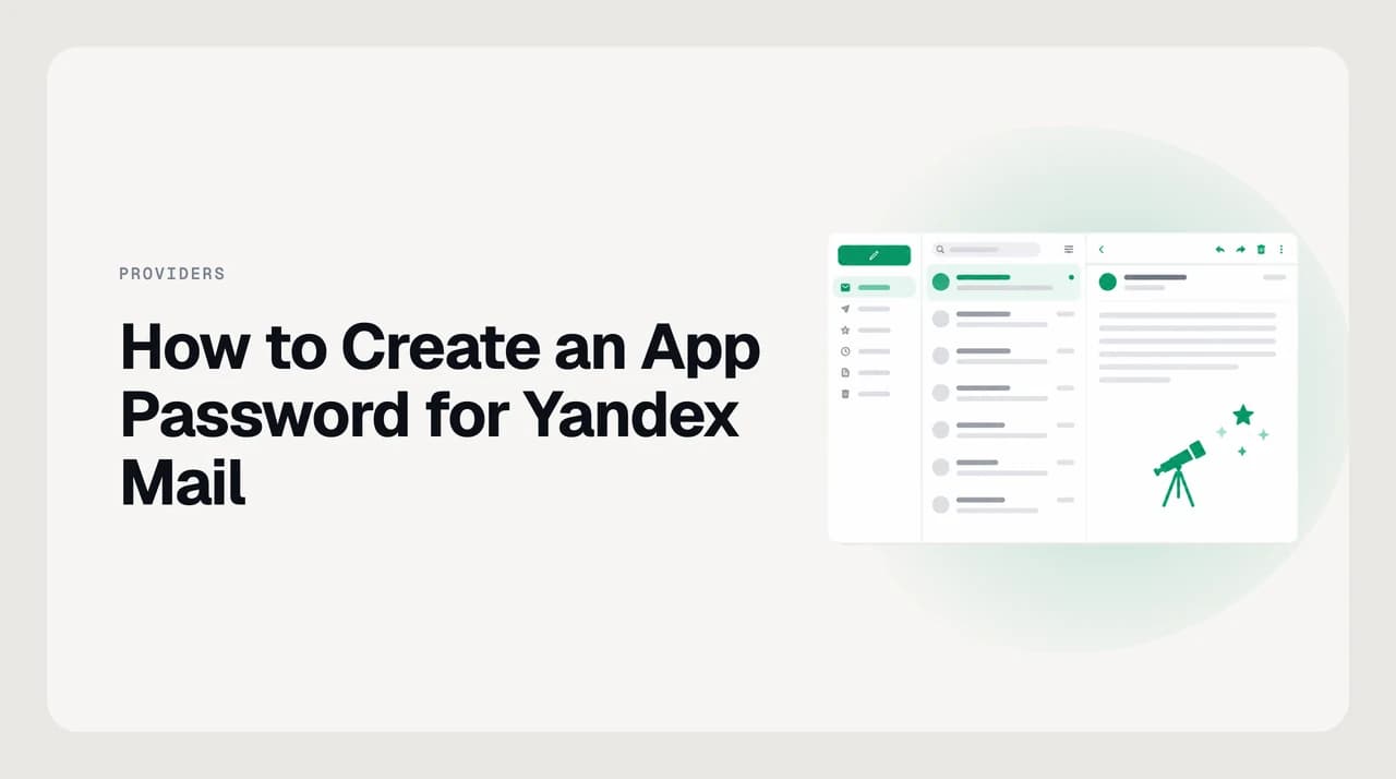 Diagram showing a Yandex account issuing a separate app password to a third-party email client instead of the login password