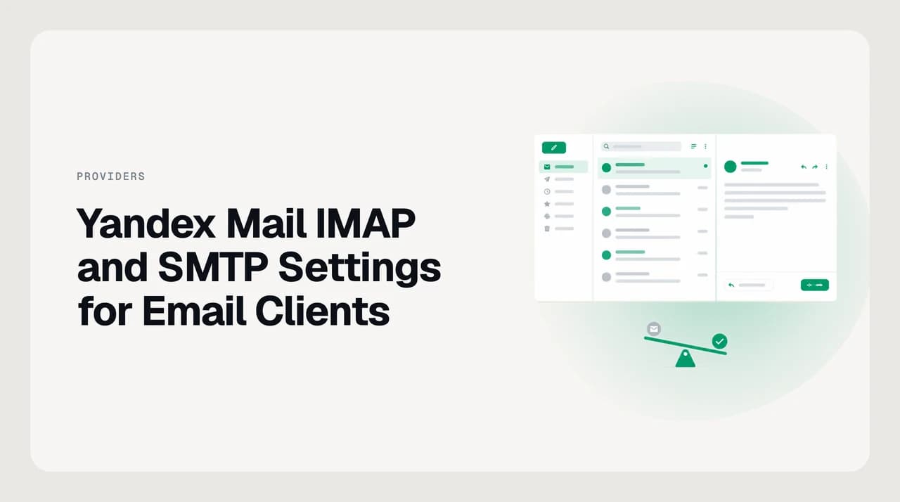 Diagram of Yandex Mail IMAP and SMTP settings showing server addresses, ports, and SSL encryption for email client setup