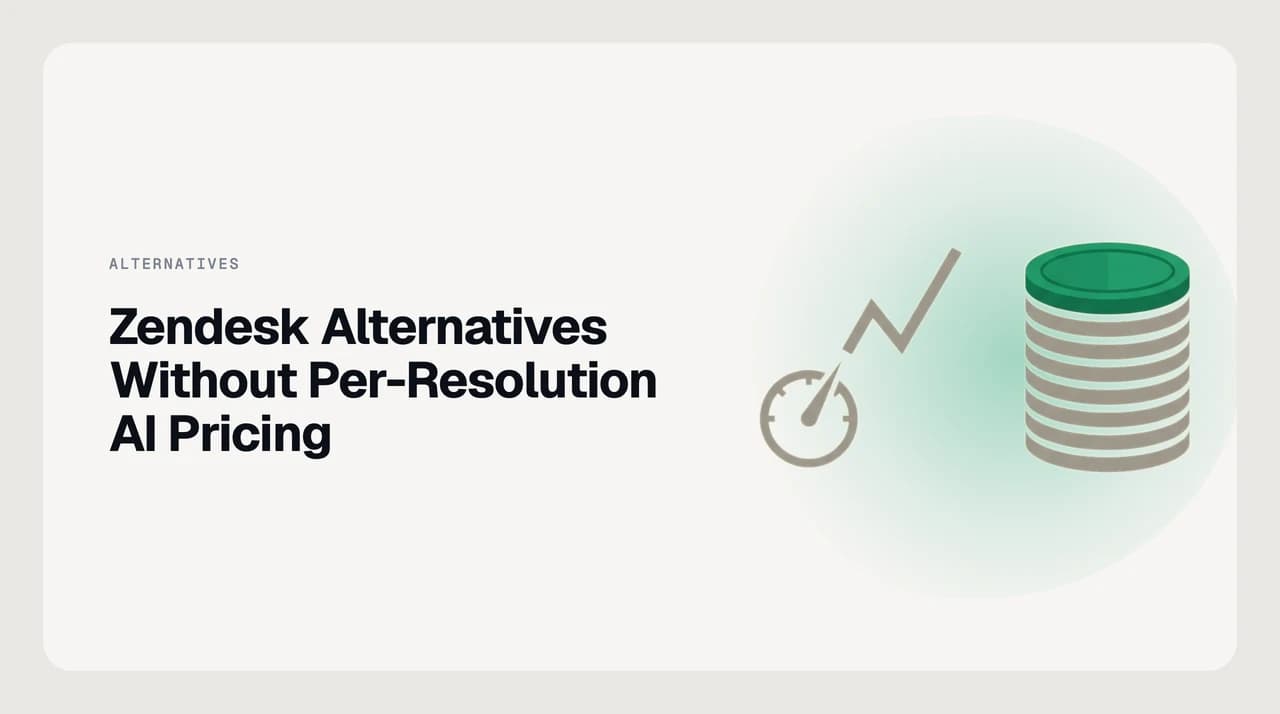 Illustration comparing Zendesk alternatives without per-resolution AI pricing, showing per-seat and per-agent billing shapes across eight support tools