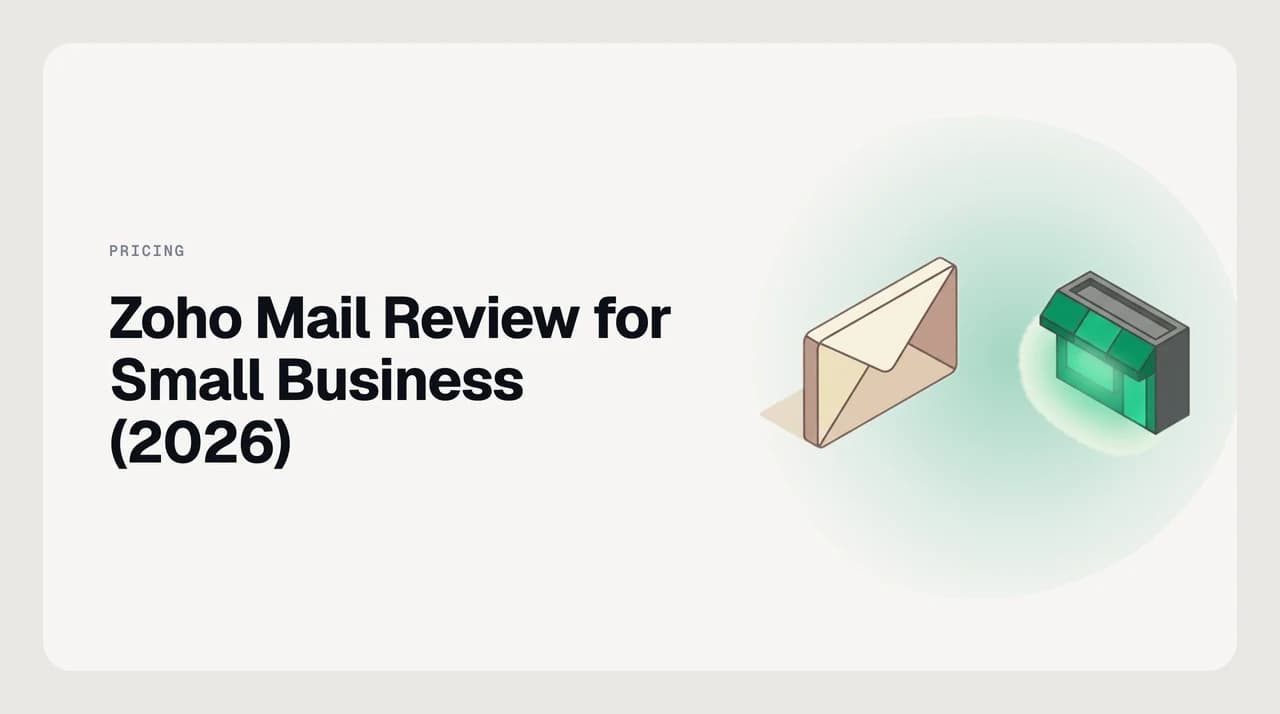 Illustration for a Zoho Mail review for small business, showing custom domain DNS records, an admin console panel and an outbound sending limit as the four things that decide the verdict