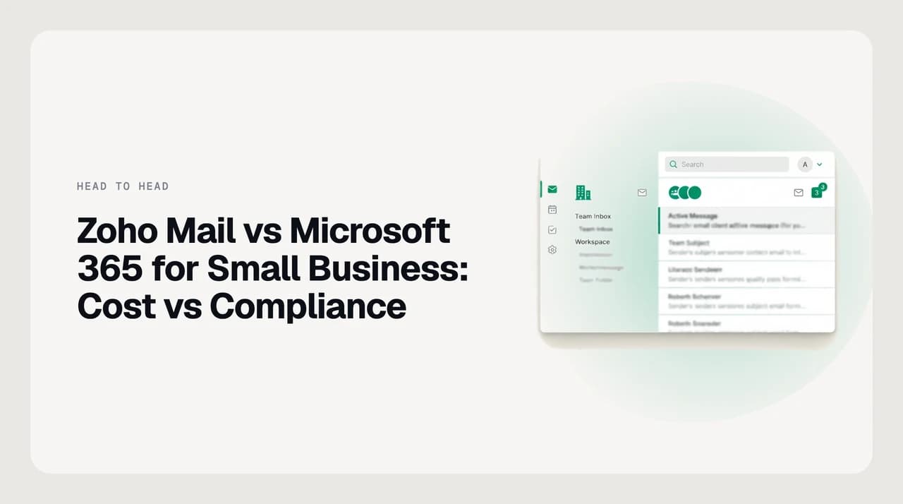 Side-by-side comparison of Zoho Mail and Microsoft 365 for small business email, weighing per-seat cost against device policy and compliance controls