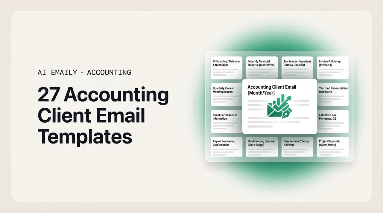 AI Emaily blog cover for accounting client email templates, showing a library of bookkeeping email templates