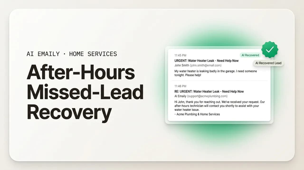 AI Emaily blog cover for after-hours missed-lead recovery for home services, showing a late lead recovered automatically
