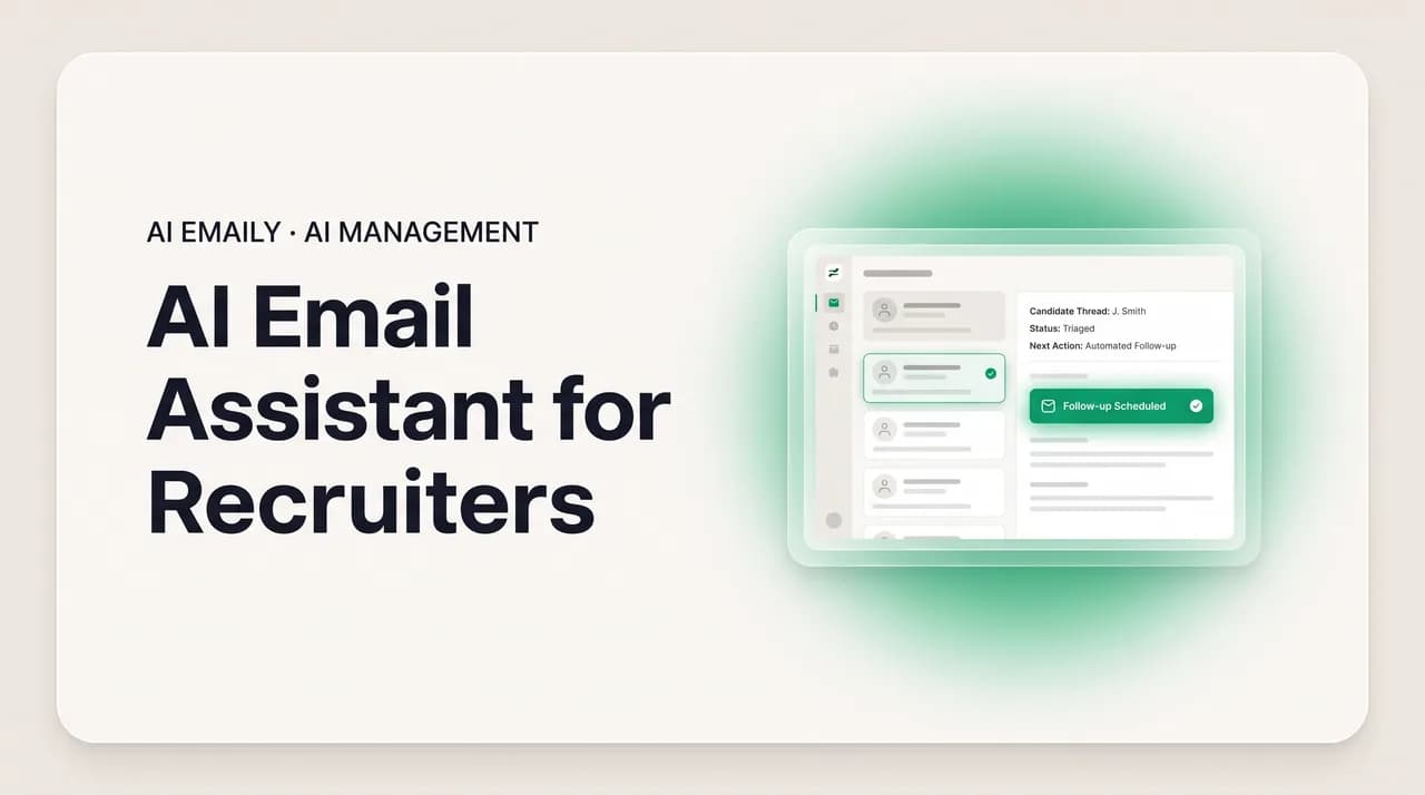 AI Emaily blog cover for AI email assistant for recruiters, showing an AI triaging candidate threads
